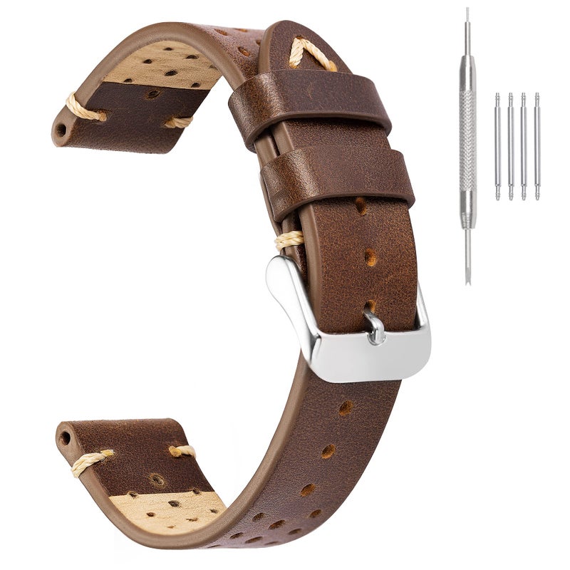 EACHE Rally Racing Leather Watch Bands 20mm Brown Leather Watch Straps Oil Waxed Leather Straps Retro Brown - Image 1